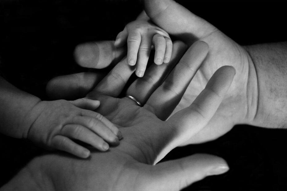 Baby hands held by their parent's hands